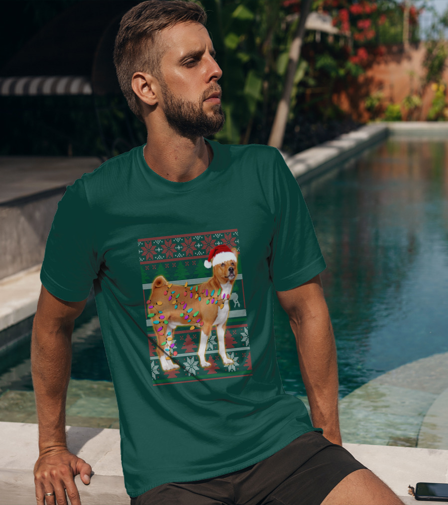 Basenji Christmas Lights Holiday Sweater Dog With Santa Hat T-Shirt