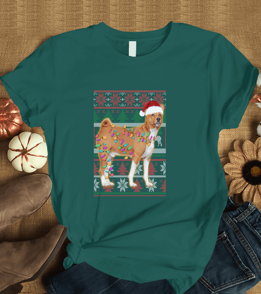 Basenji Christmas Lights Holiday Sweater Dog With Santa Hat T-Shirt