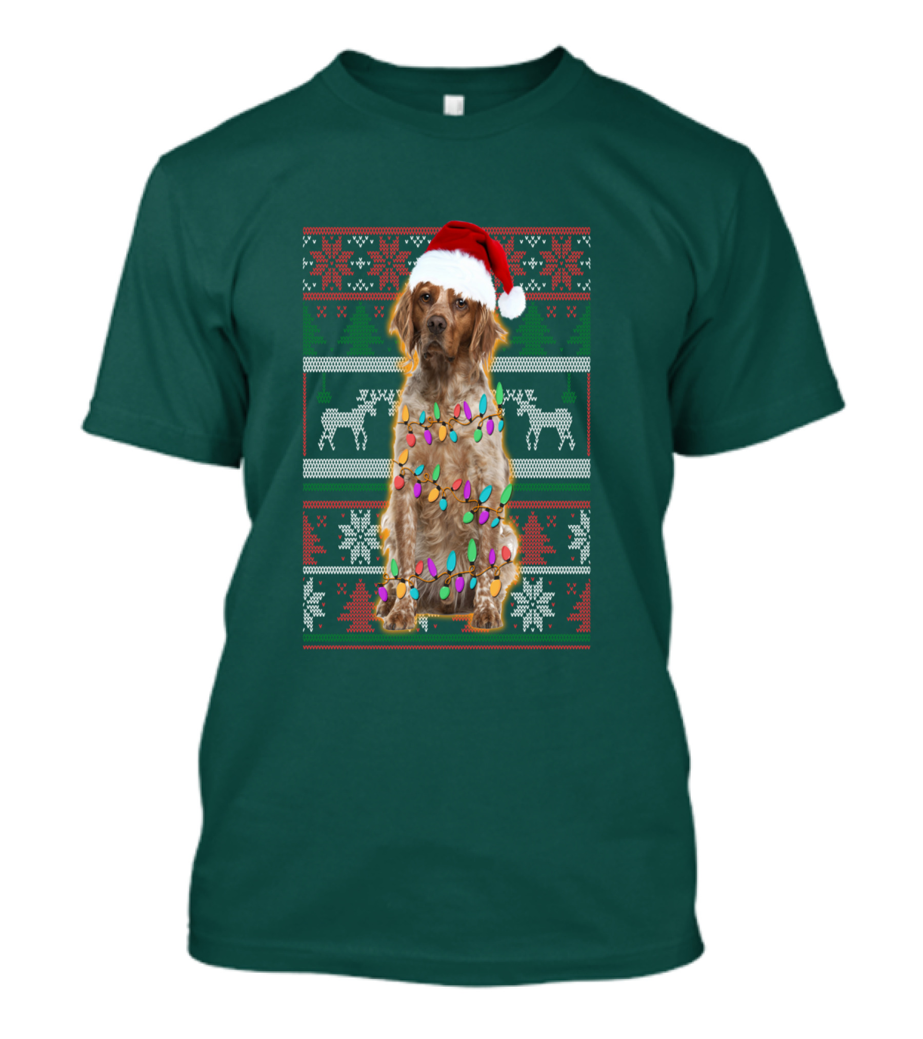 Brittany Dog Santa Hat Christmas Lights And Reindeer Snowflakes T-Shirt