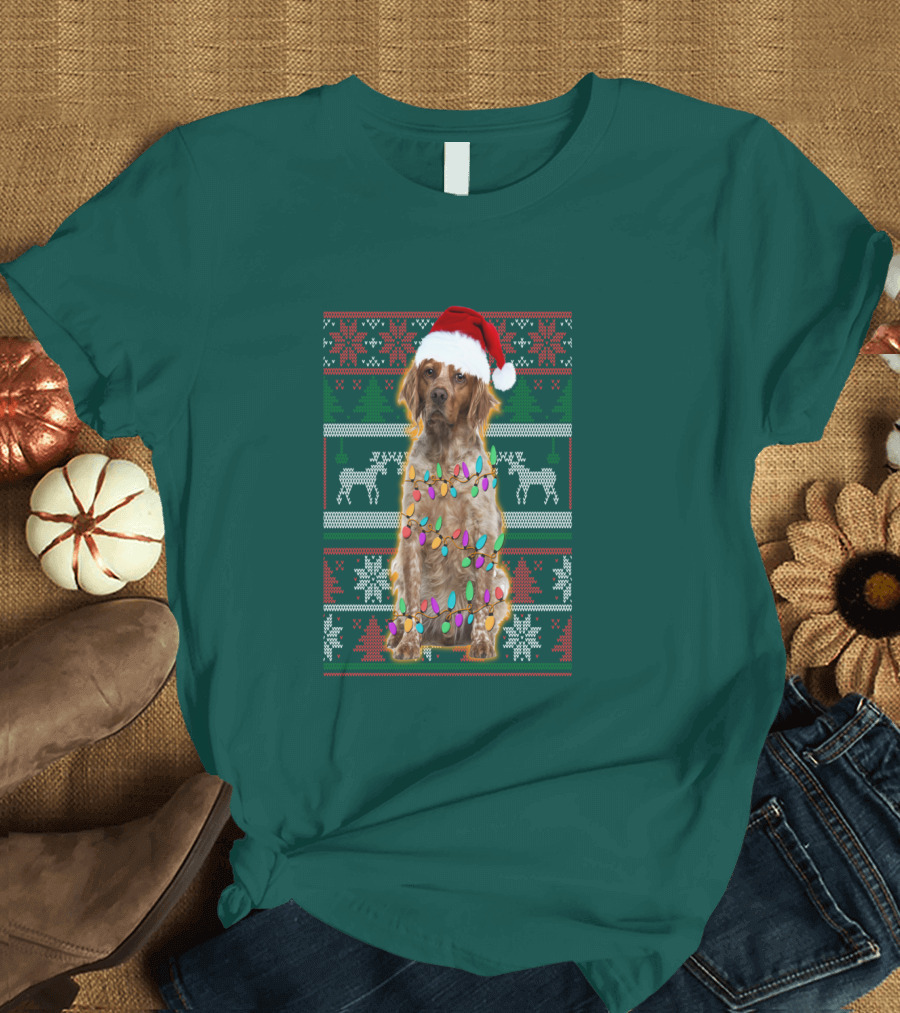 Brittany Dog Santa Hat Christmas Lights and Reindeer Snowflakes T-Shirt