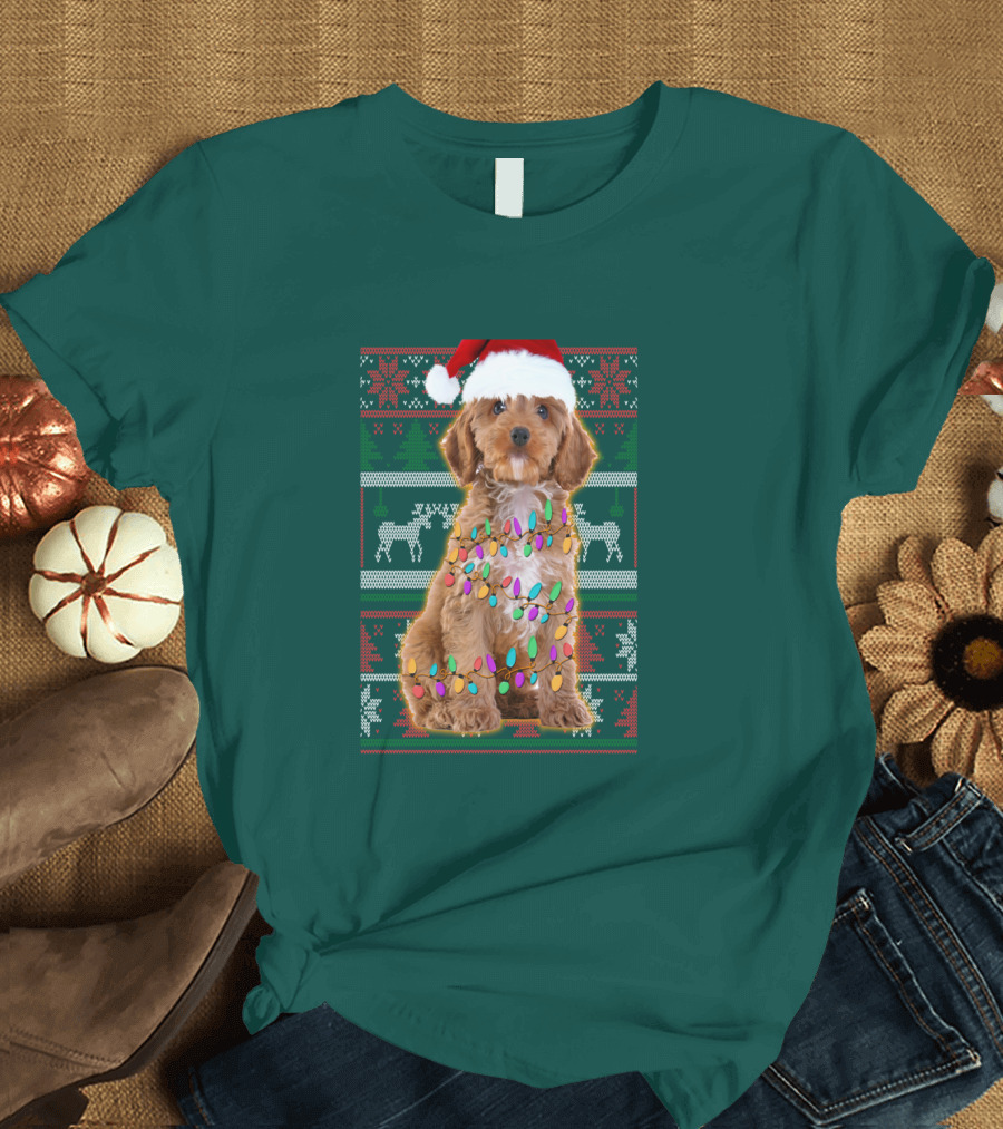 Cockapoo Santa Hat Christmas Lights Reindeer Ugly T-Shirt