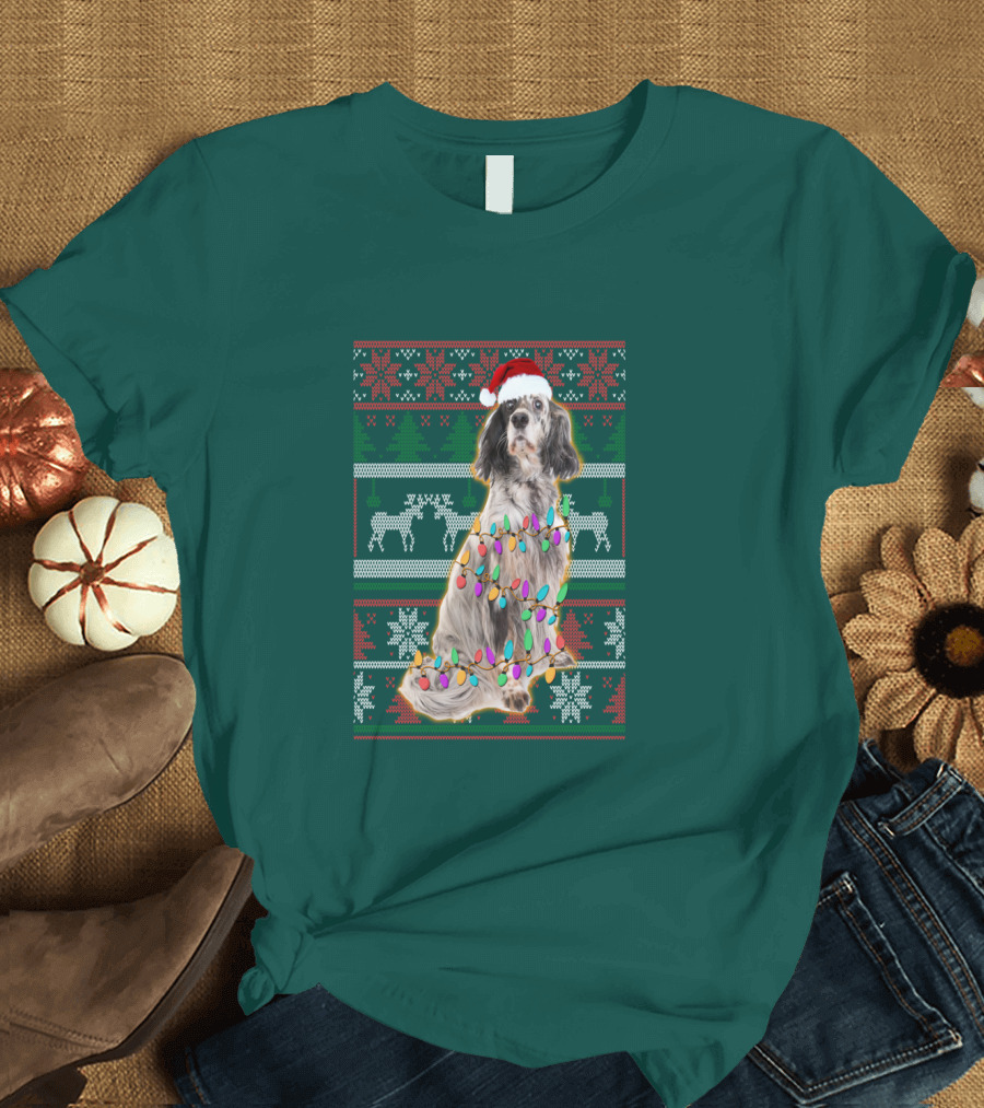 English Setter Christmas Lights Ugly Sweater Santa Hat T-Shirt