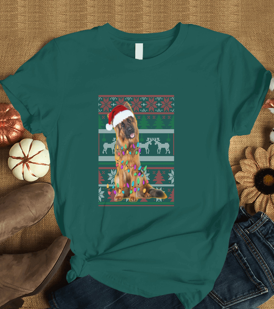 German Shepherd Santa Hat Christmas Lights Ugly Sweater Reindeer T-Shirt