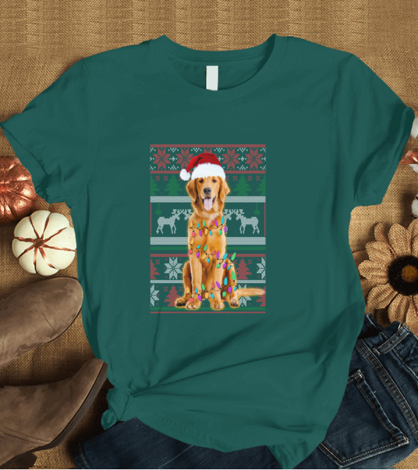 T-Shirt: Golden Retriever Christmas Santa Hat Lights Holiday T-Shirt Golden Retriever Christmas Santa Hat Lights Holiday T-Shirt