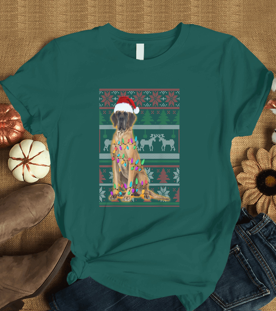 Great Dane Christmas Santa Hat Lights Reindeer Holiday T-Shirt