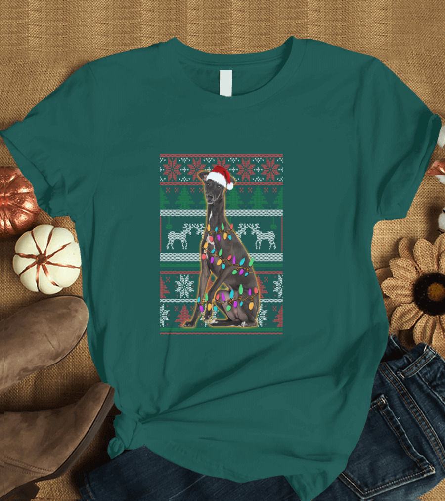 Greyhound Christmas Santa Hat and Lights Ugly T-Shirt