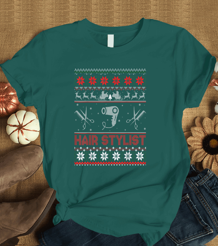 Hair Stylist Ugly Christmas Sweater Scissors and Hairdryer T-Shirt