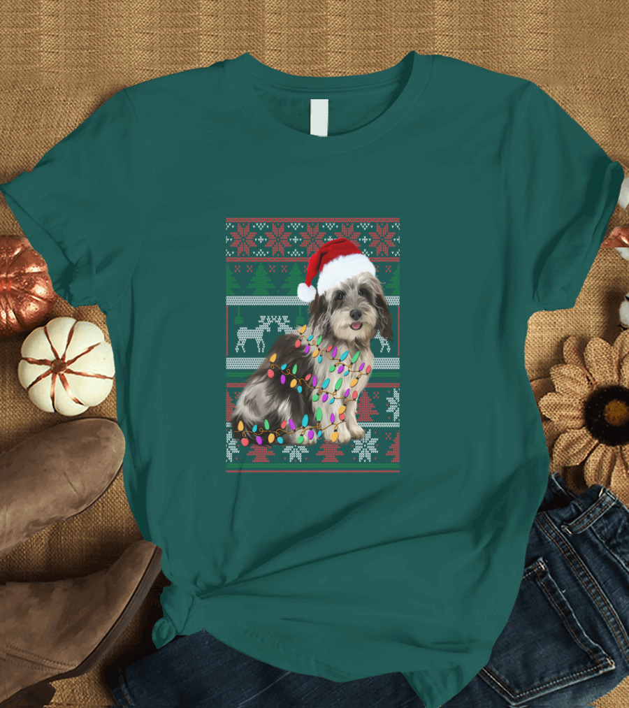 Havanese Festive Christmas Lights Santa Hat Ugly T-Shirt