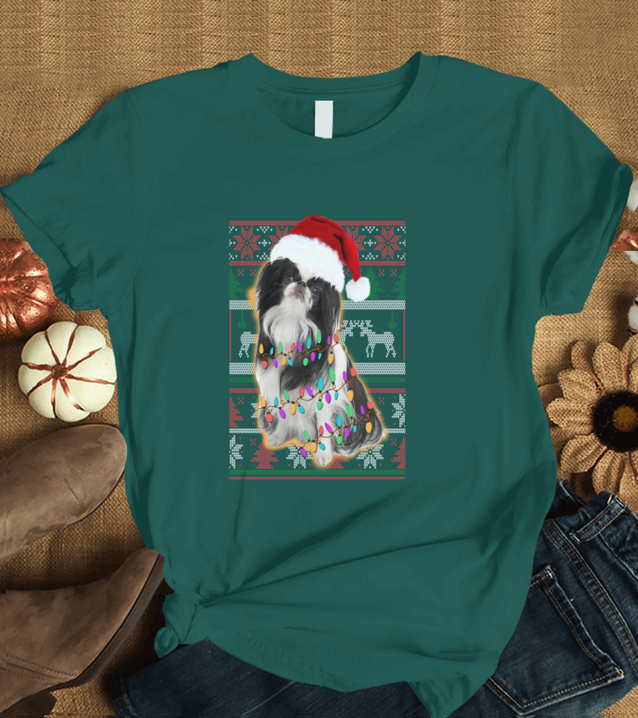 Japanese Chin Christmas Lights Sweater Santa Hat T-Shirt