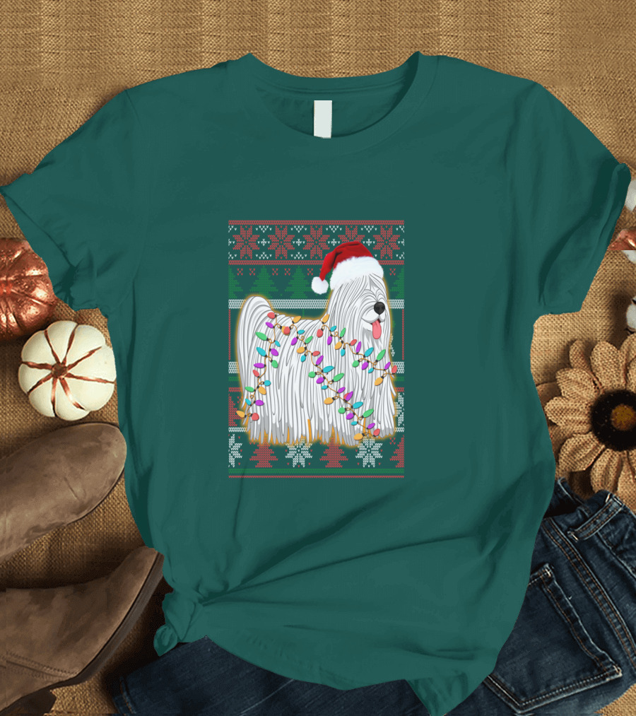 Komondor Christmas Lights Ugly Sweater Santa Hat T-Shirt