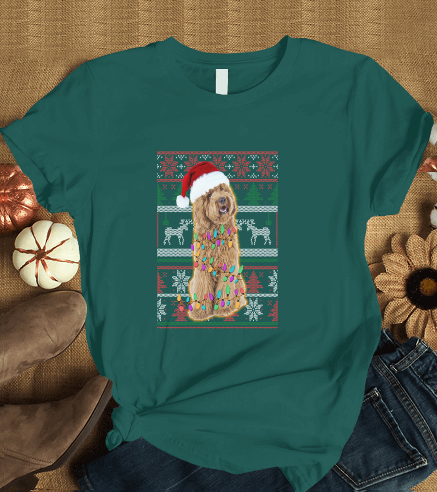 Labradoodle Christmas Lights Santa Hat Reindeer Snowflakes Green T-Shirt