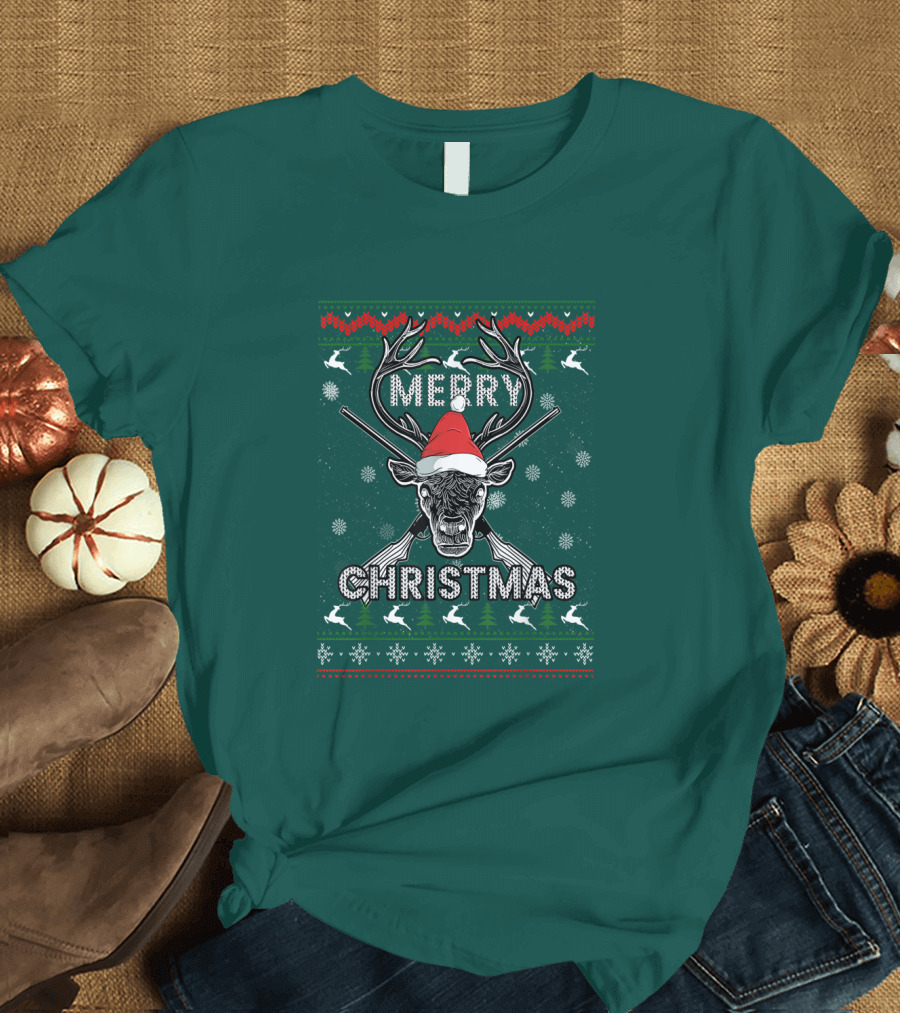 Merry Christmas Hunting Deer Antlers Santa Hat Snowflakes T-Shirt