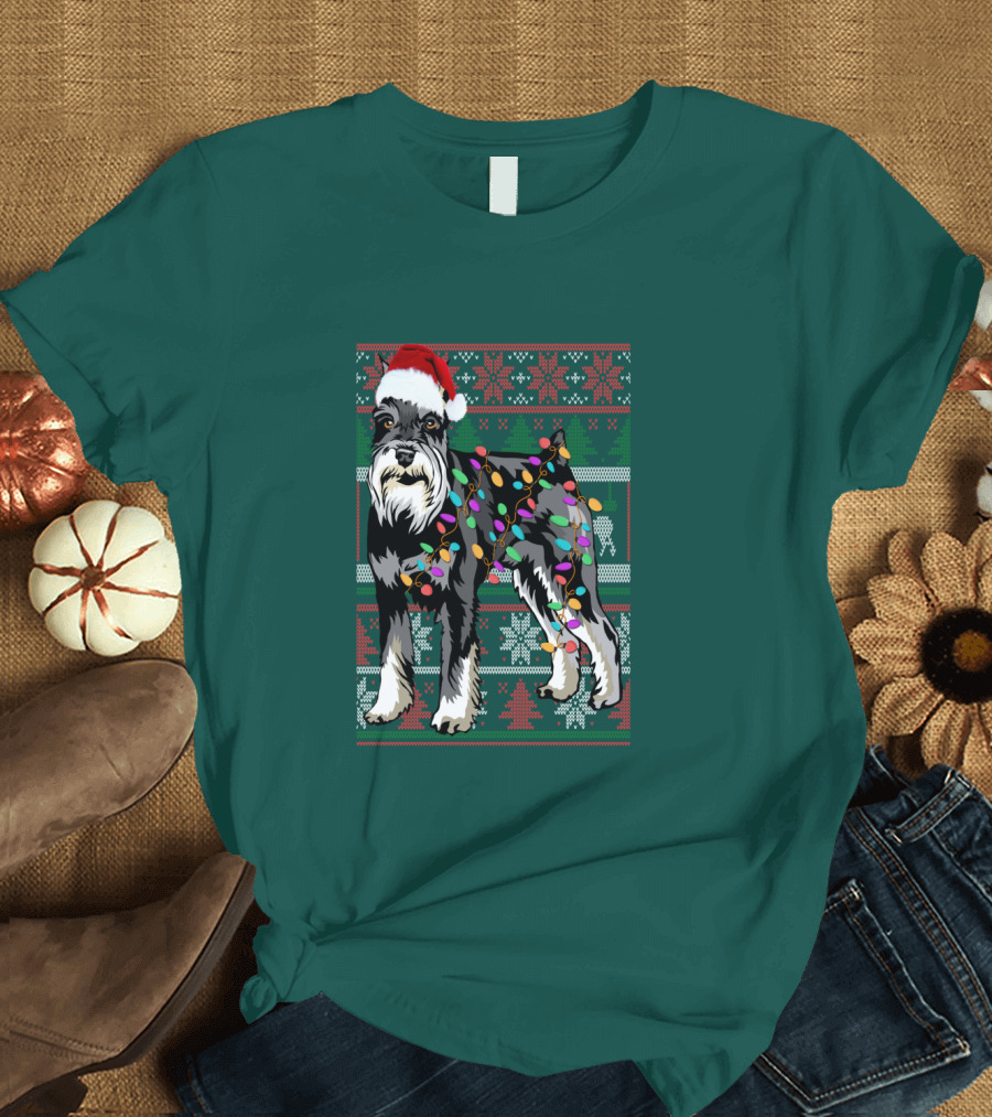 Miniature Schnauzer Christmas Sweater Santa Hat and Holiday Lights T-Shirt