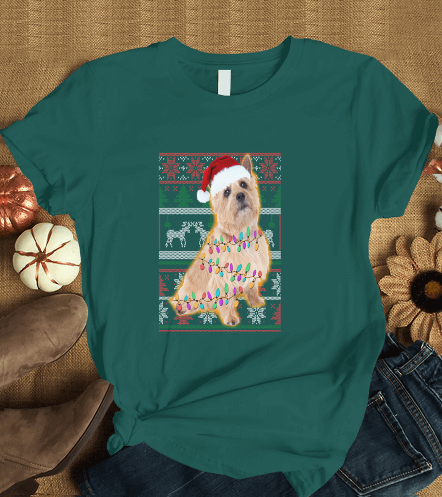Norfolk Terrier Christmas Lights Sweater Santa Hat T-Shirt