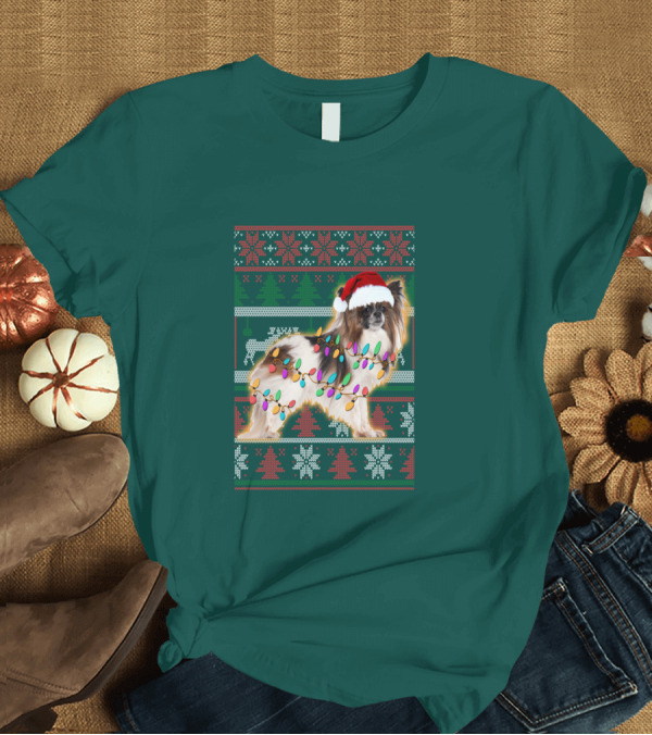 T-Shirt: Papillon Dog in Christmas Sweater with Lights and Santa Hat T-Shirt Papillon Dog in Christmas Sweater with Lights and Santa Hat T-Shirt