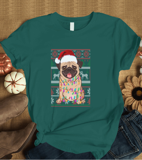 T-Shirt: Pug Christmas Santa Hat Holiday Lights Sweater Reindeer T-Shirt Pug Christmas Santa Hat Holiday Lights Sweater Reindeer T-Shirt