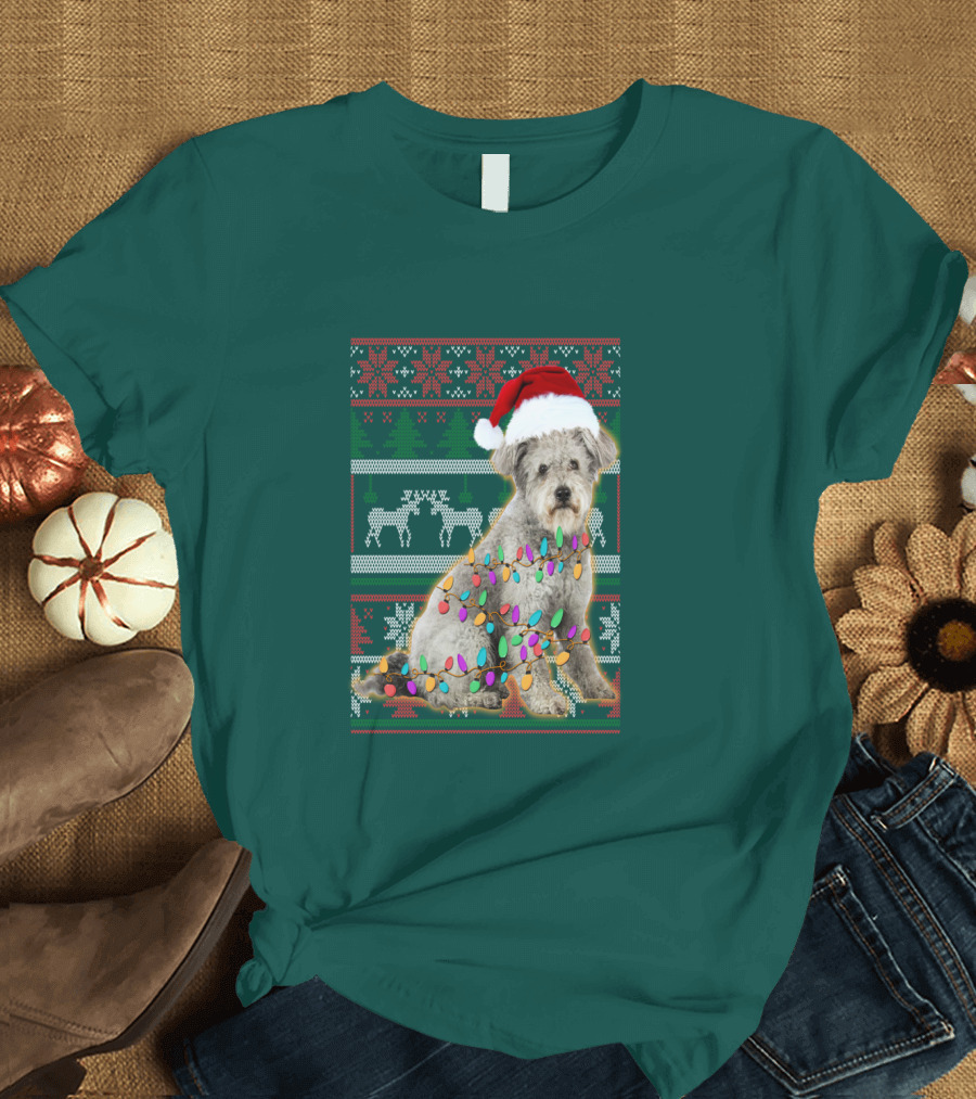 Pumi Dog Christmas Lights Santa Hat Ugly T-Shirt