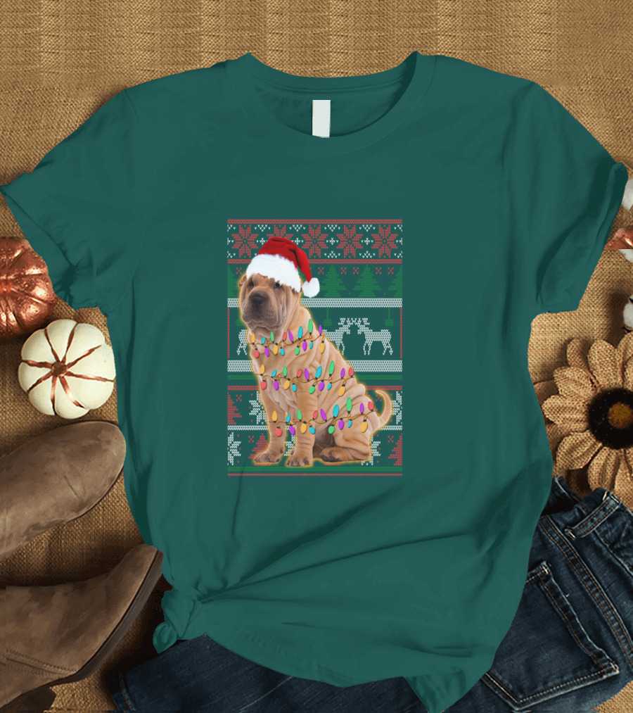 Shar Pei Christmas Lights Santa Hat Puppy T-Shirt