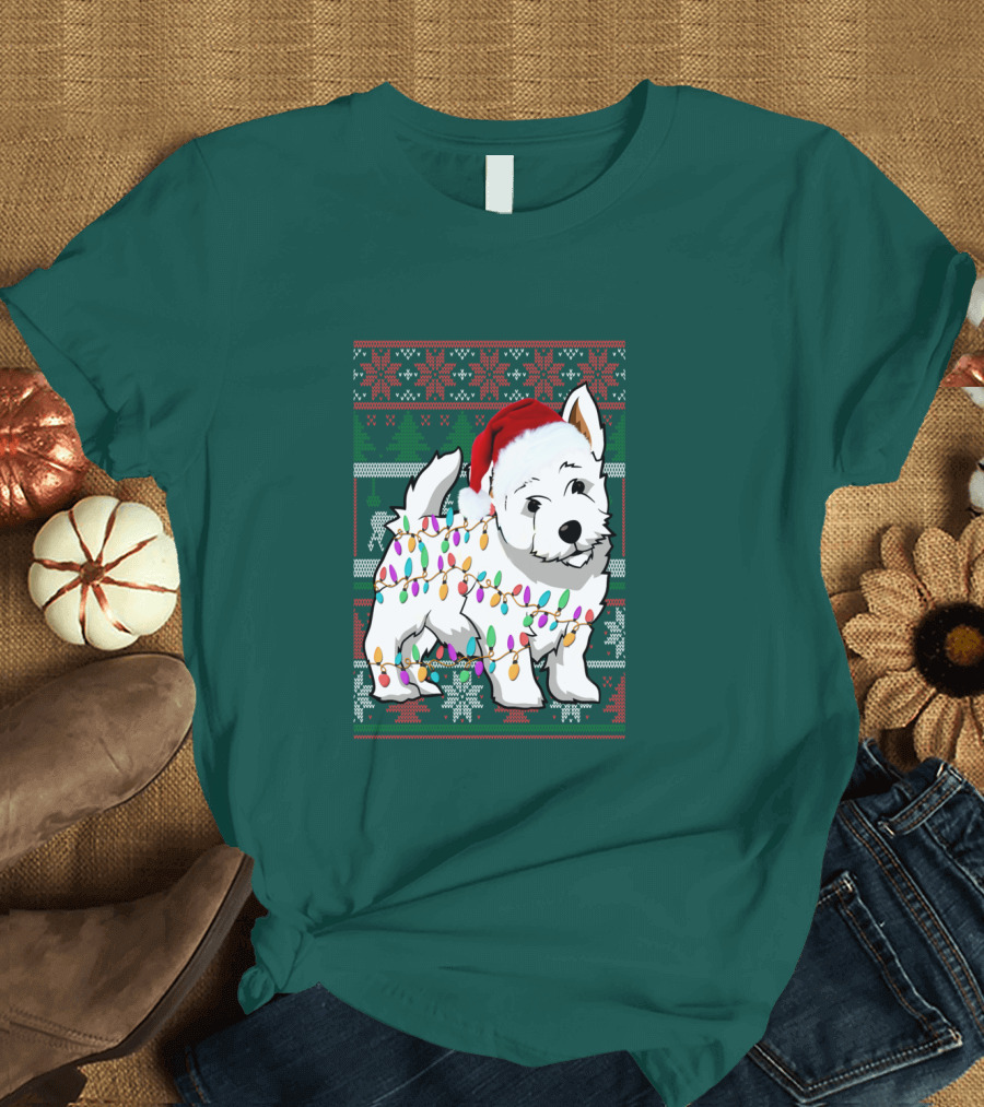West Highland White Terrier Christmas Lights Ugly Sweater Santa Hat T-Shirt