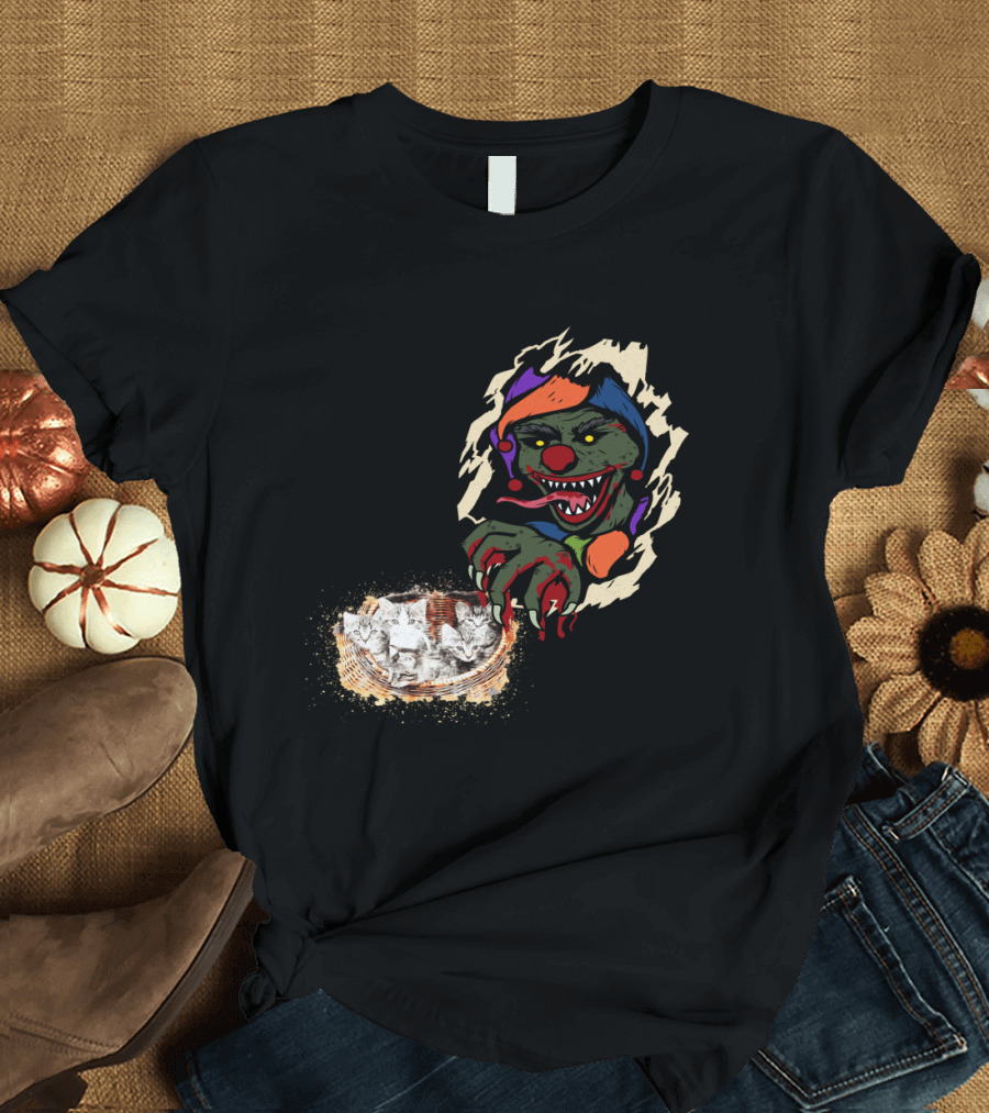 Creepy Joker Clown and Adorable Kittens Popping Out of Torn Hole T-Shirt