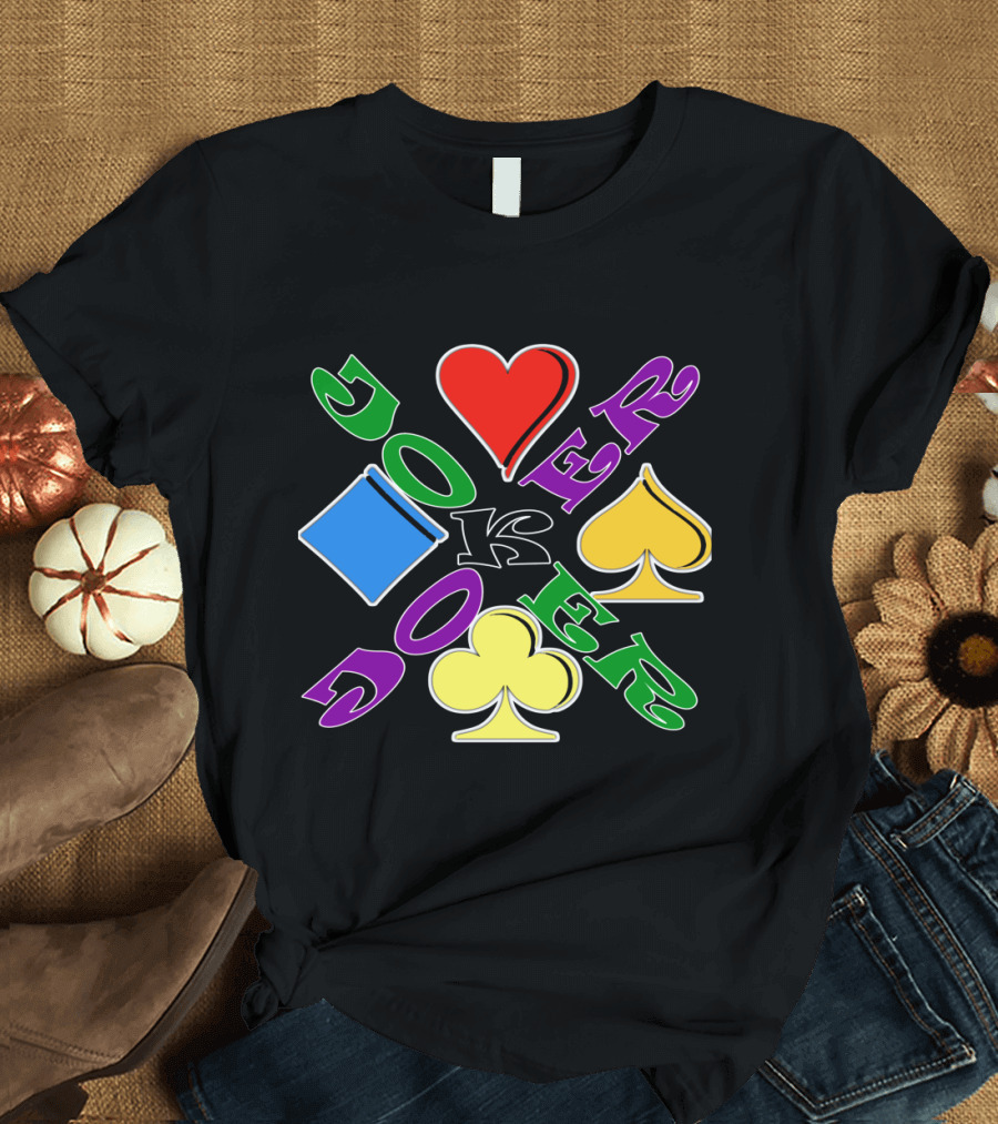 Rainbow Colored Joker Heart Spade Club Diamond Playing Cards T-Shirt