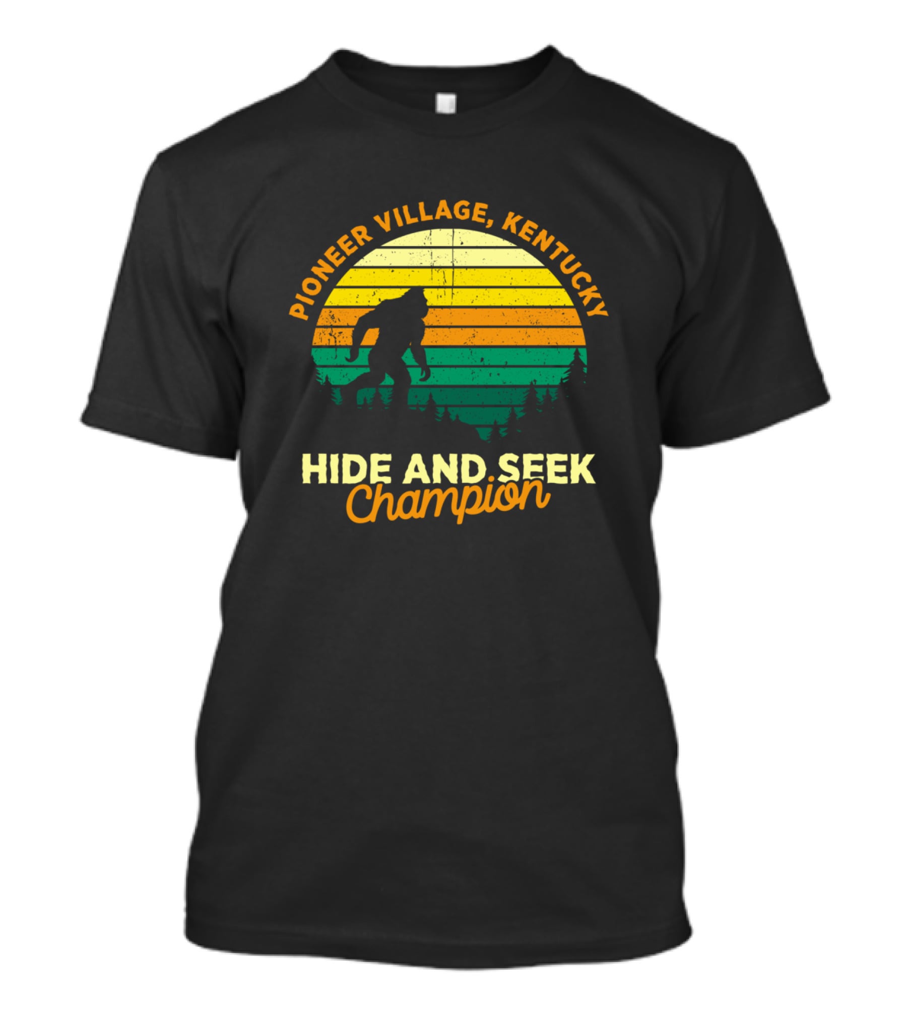 Pioneer Village Kentucky Bigfoot Hide And Seek Champion Retro Sunset T-Shirt