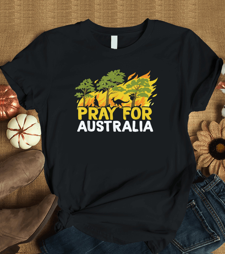 Pray For Australia Bush Fire Wildlife Kangaroo Tree Flames T-Shirt