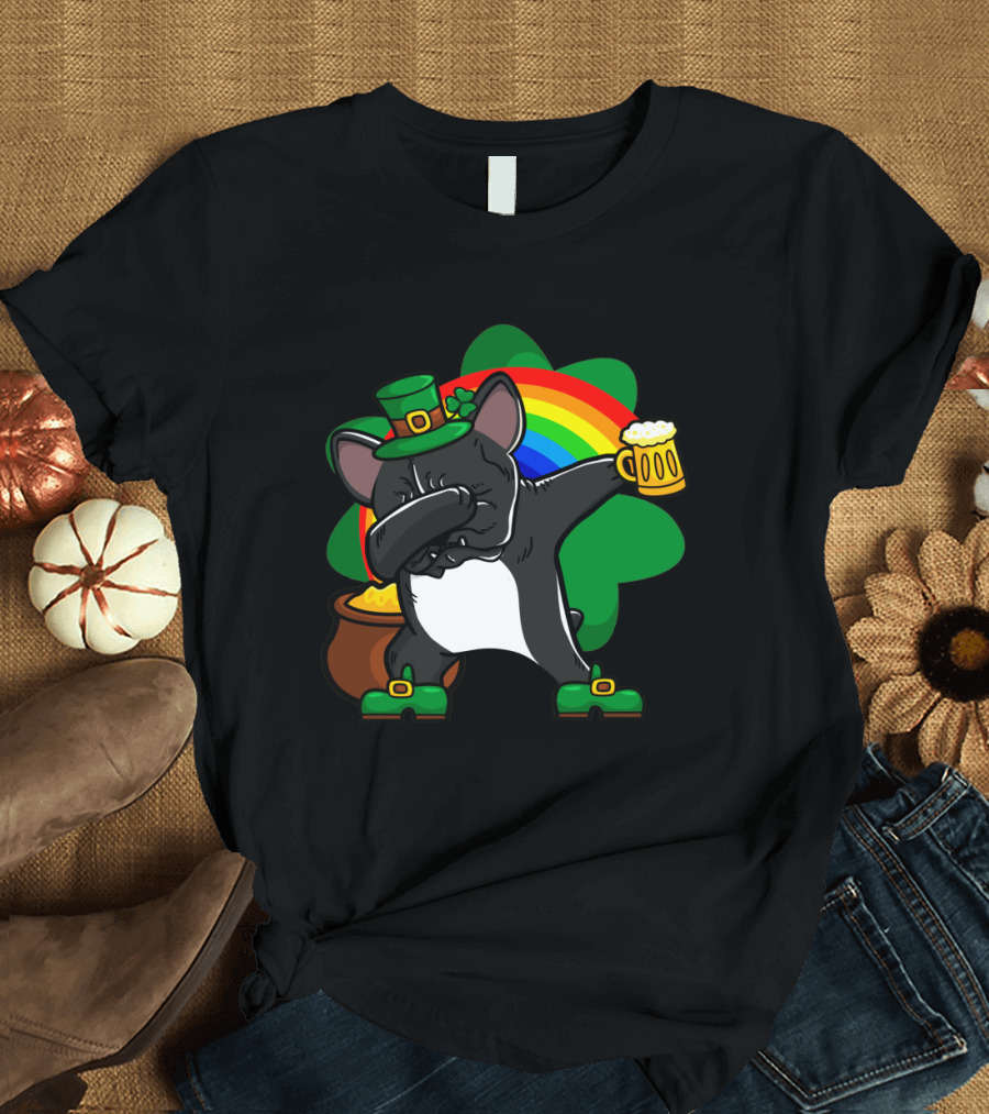 French Bulldog Dabbing Shamrock Rainbow St Patrick's Day T-Shirt
