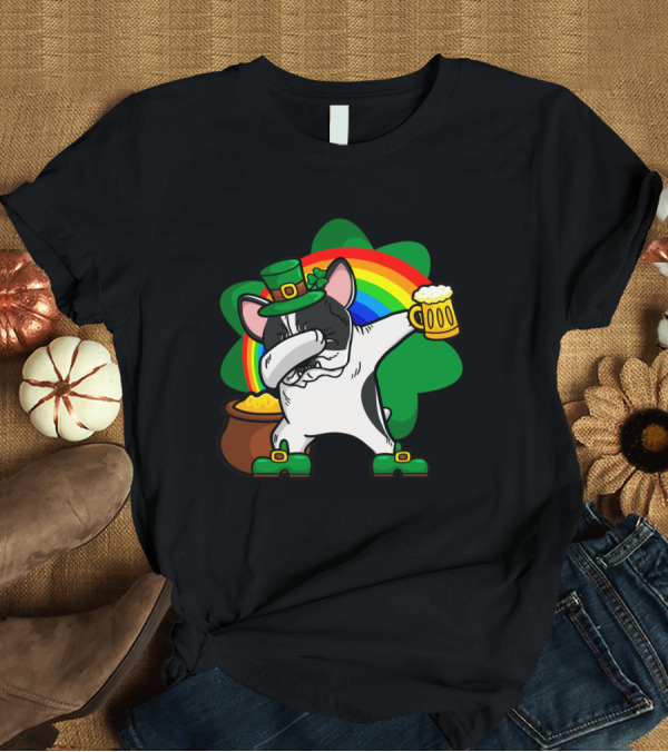 T-Shirt: Dabbing Pied French Bulldog St Patrick's Day Rainbow Clover Beer Pot of Gold T-Shirt Dabbing Pied French Bulldog St Patrick's Day Rainbow Clover Beer Pot of Gold T-Shirt