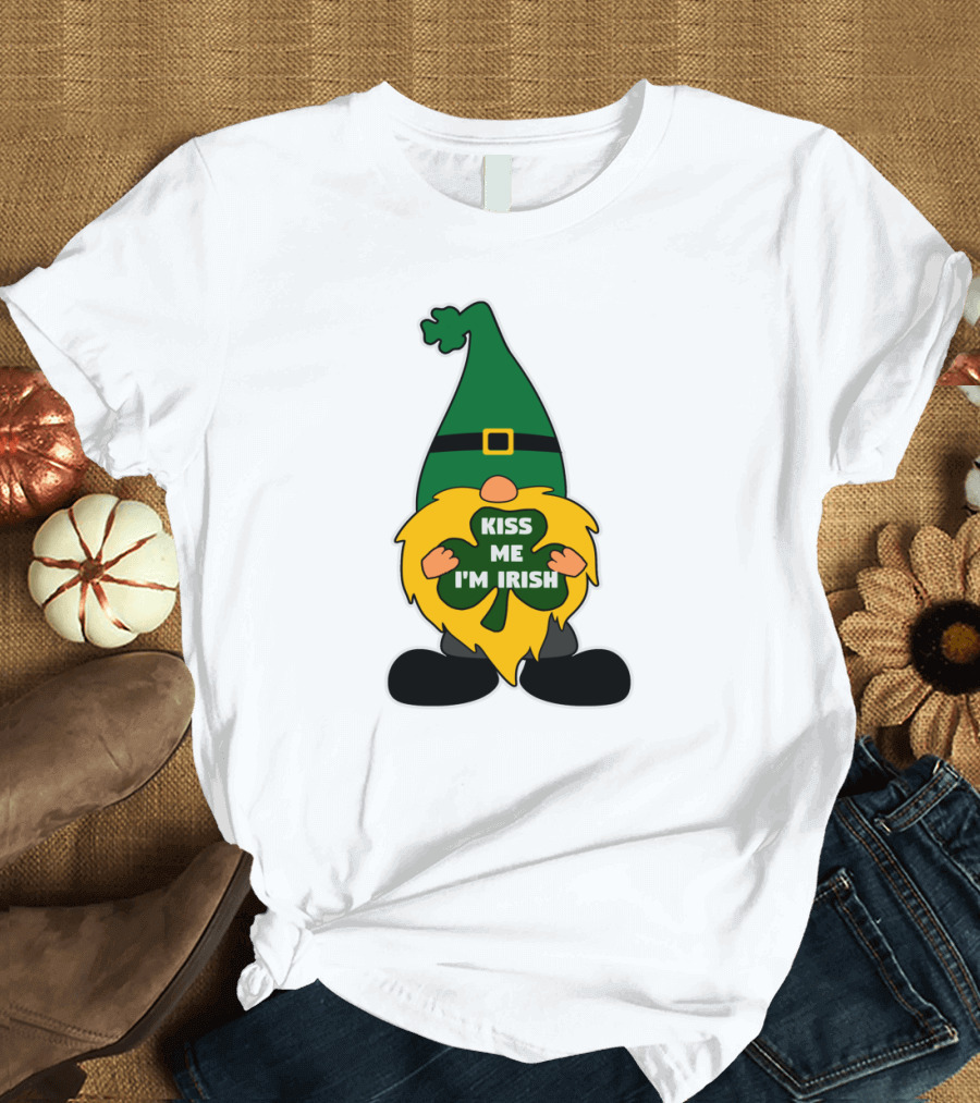 Kiss Me I'm Irish Leprechaun Gnome With Shamrock T-Shirt