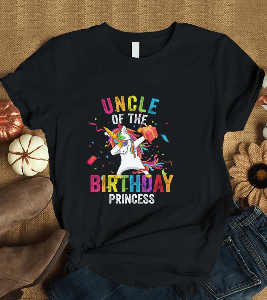 UNCLE OF THE BIRTHDAY PRINCESS Unicorn with Gift and Confetti T-Shirt