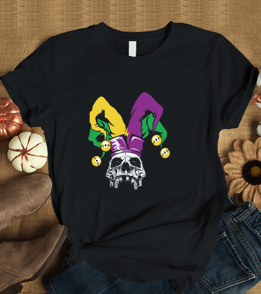 Mardi Gras Skull Jester Hat Purple Green Yellow T-Shirt