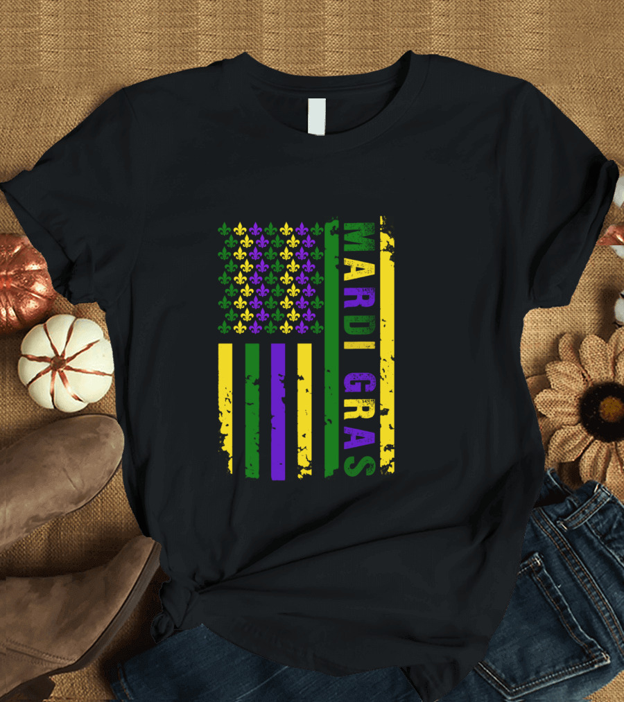 Mardi Gras Fleur-de-Lis Flag American Mask Beads Crawfish T-Shirt