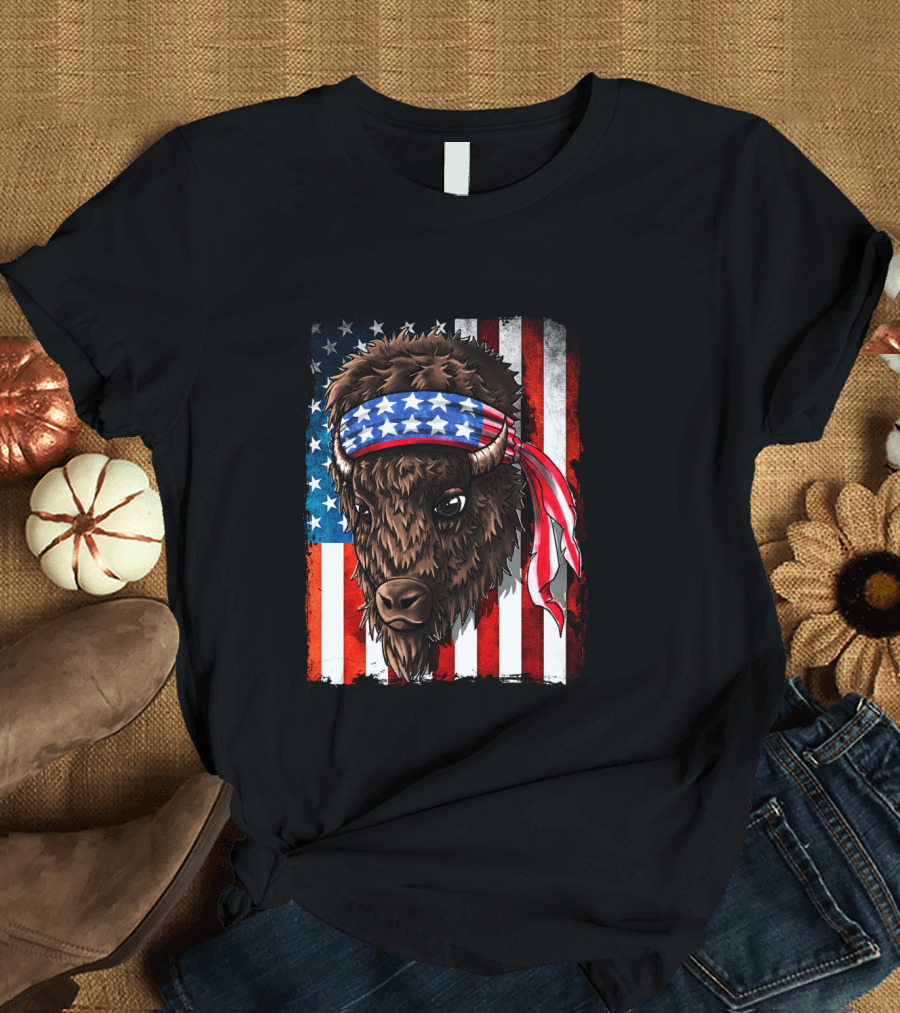Buffalo with American Flag Headband on Patriotic Western Background T-Shirt