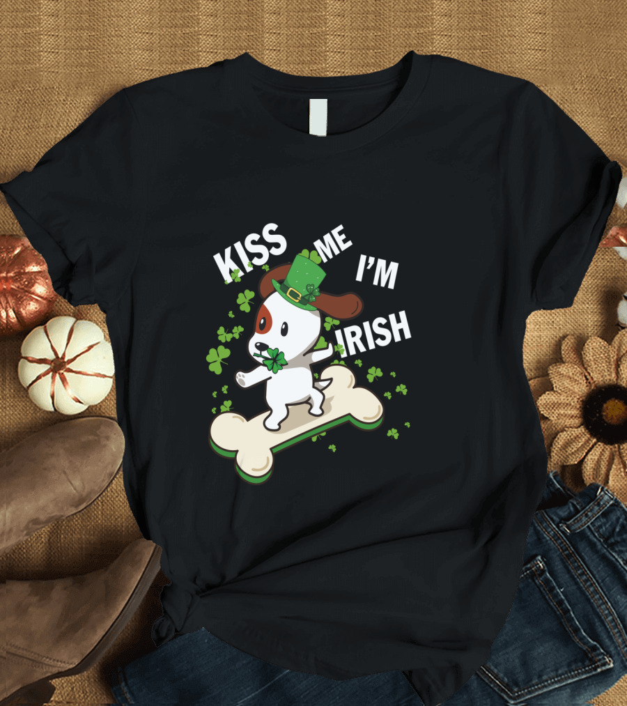 Kiss Me I'm Irish Jack Russell Dog with Lucky Shamrock and Hat on Bone T-Shirt