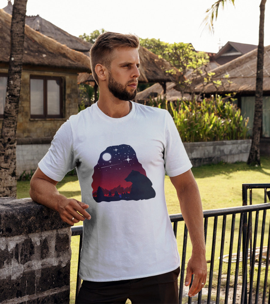 Bear Wildlife Animal Stargazing In Mountain Night Scene T-Shirt