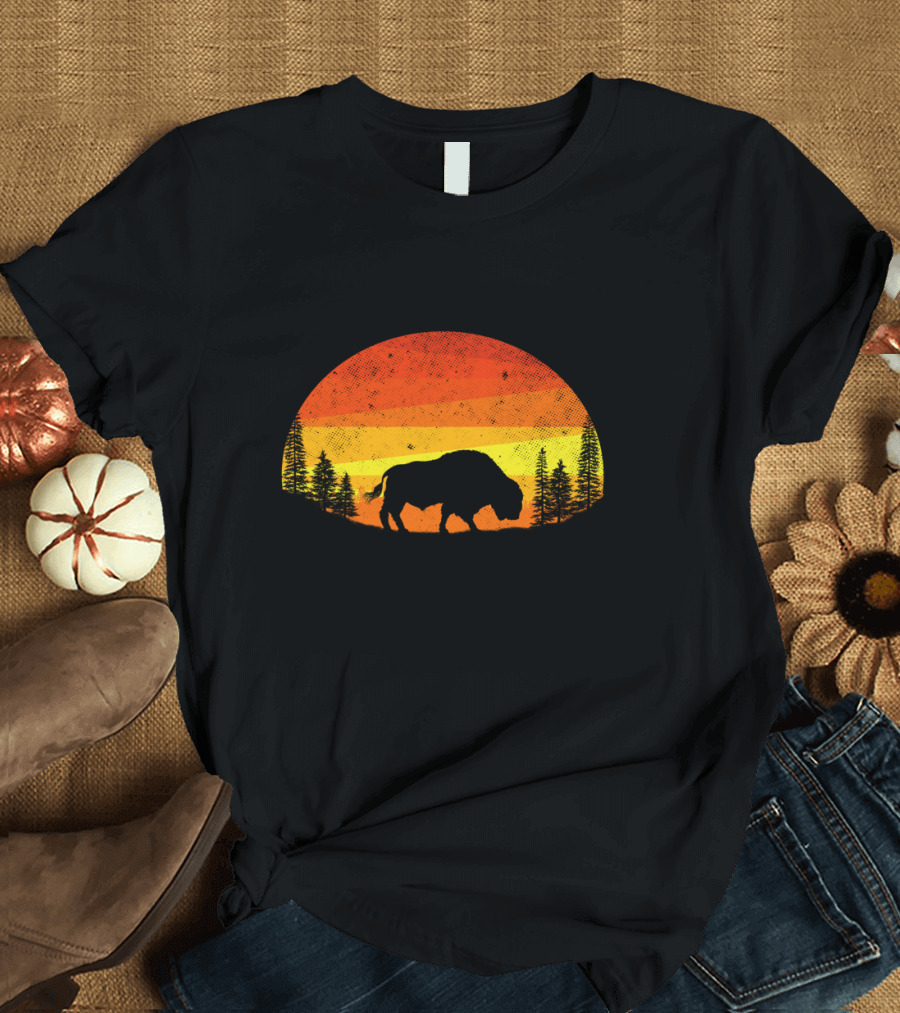 Buffalo Vintage Wildlife Animals Sunset T-Shirt