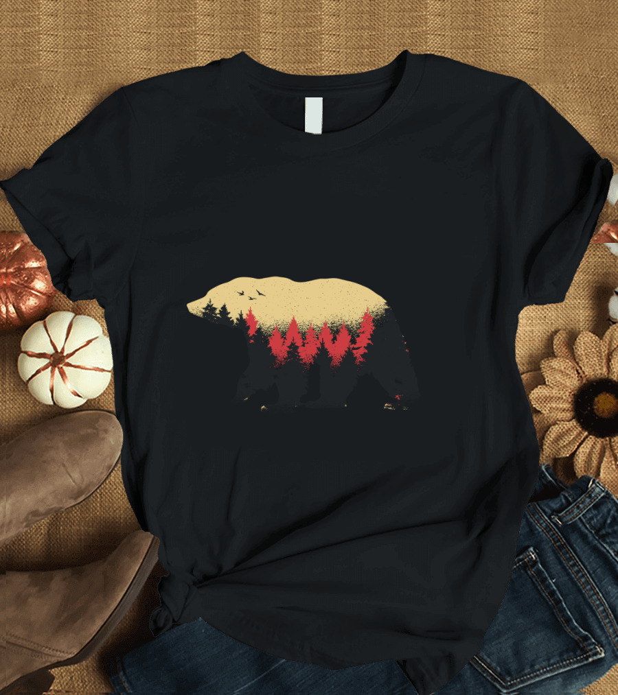 Wildlife Bear and Forest Silhouette with Trees and Birds T-Shirt