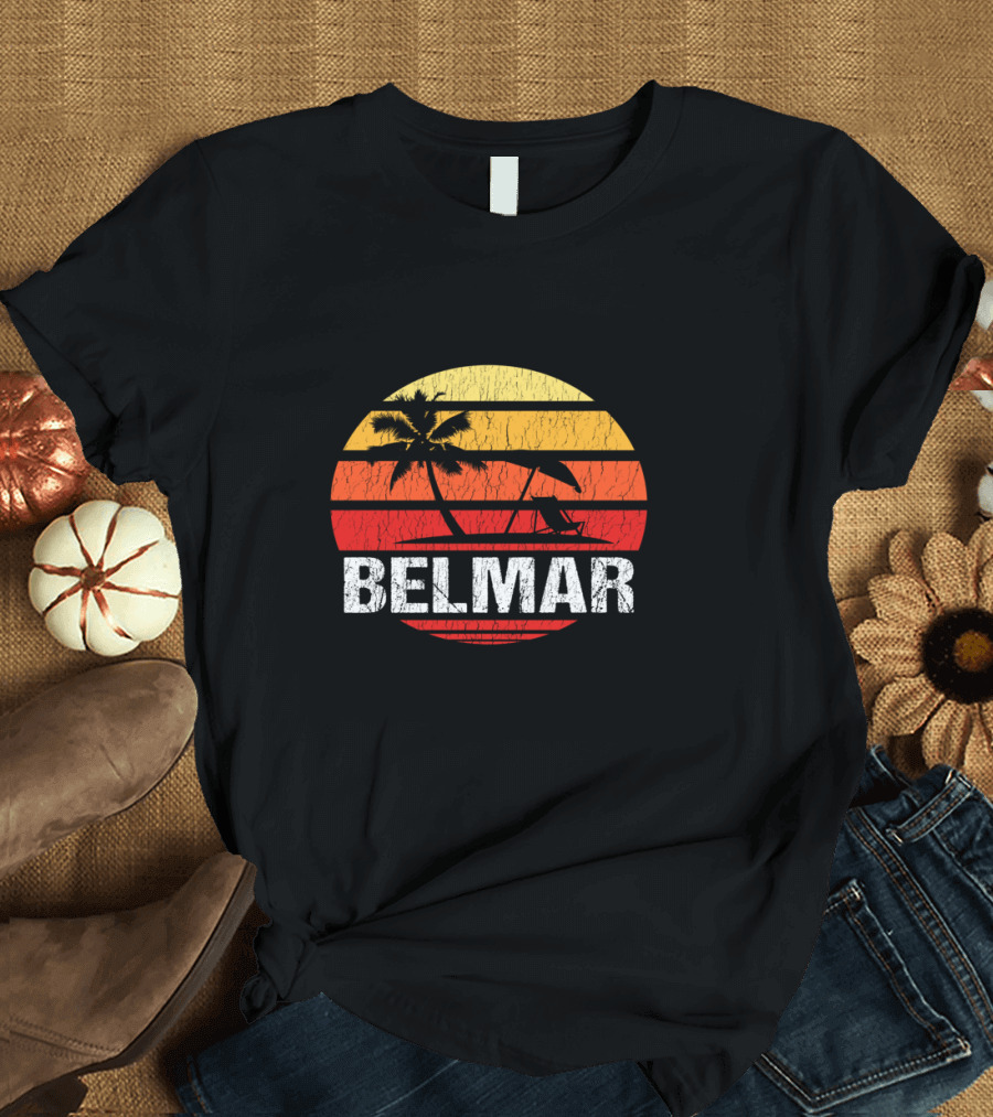 Belmar New Jersey Beach Palm Tree Sunset Vintage Surfing Scene T-Shirt