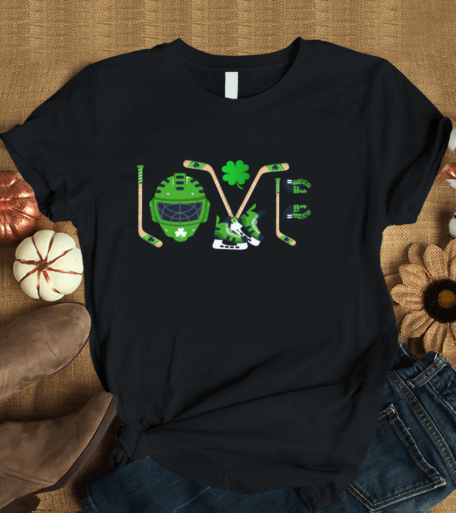 Love Hockey Sports Leprechaun Clover Helmet Sticks Skates Gloves T-Shirt