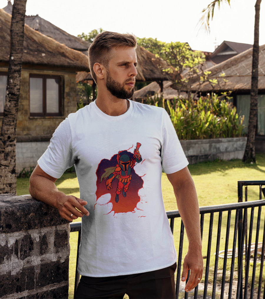 Star Wars Boba Fett Illustrated Blast Mandalorian Jetpack Fire Burst T-Shirt