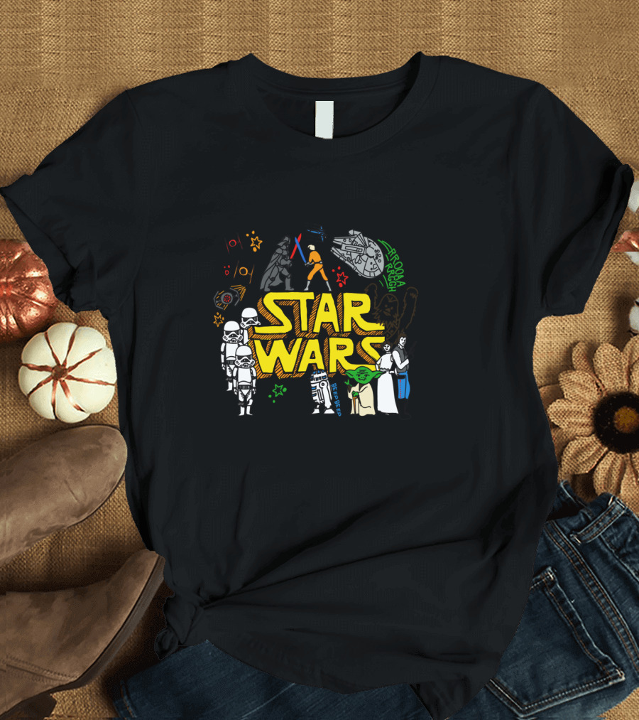 Star Wars Colorful Multi Character Doodle Millennium Falcon Darth Vader Yoda R2-D2 Stormtroopers T-Shirt