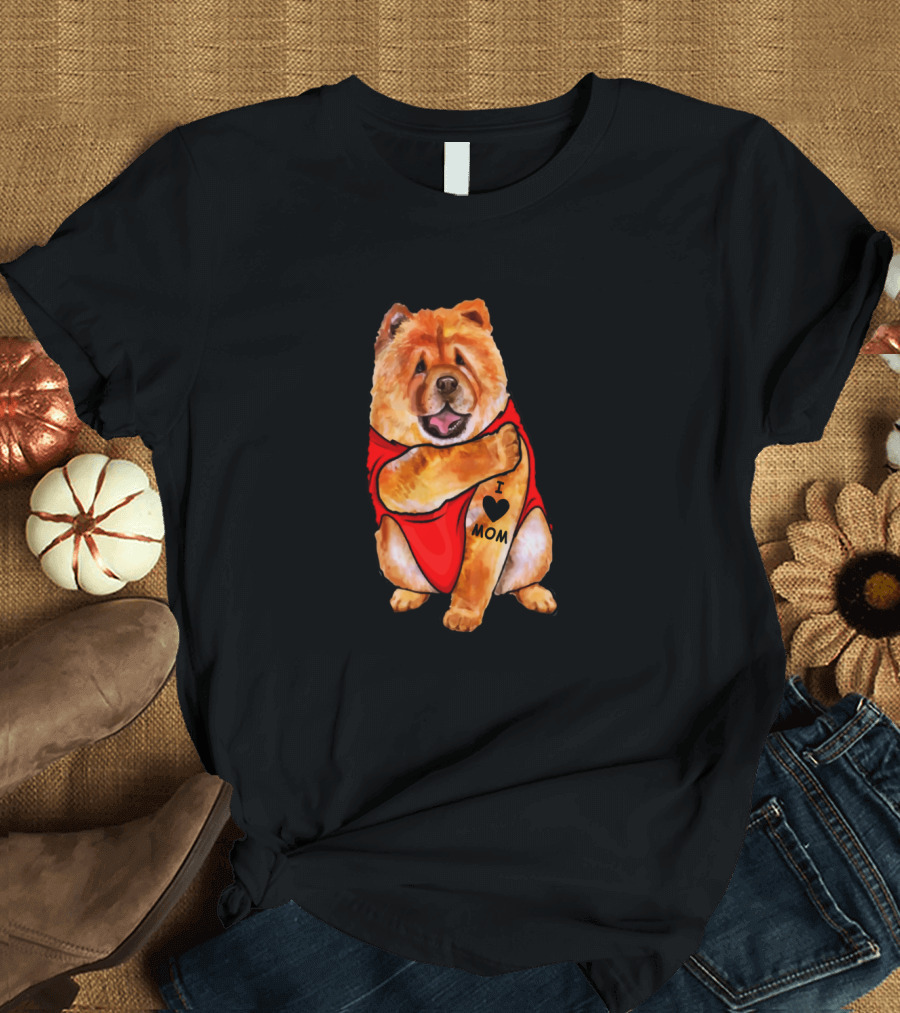 Chow Chow Dog in Red Outfit with I Love Mom Tattoo T-Shirt