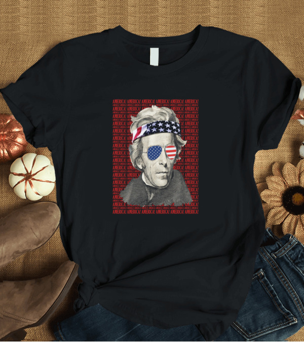 T-Shirt: Andrew Jackson American Flag Bandana Sunglasses Patriotic USA America T-Shirt Andrew Jackson American Flag Bandana Sunglasses Patriotic USA America T-Shirt