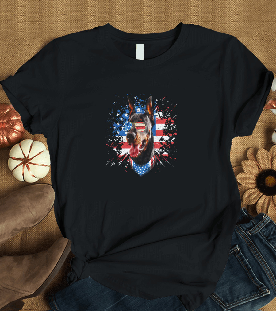 Patriotic Doberman Dog Lover 4th of July Fun With American Flag Glasses T-Shirt