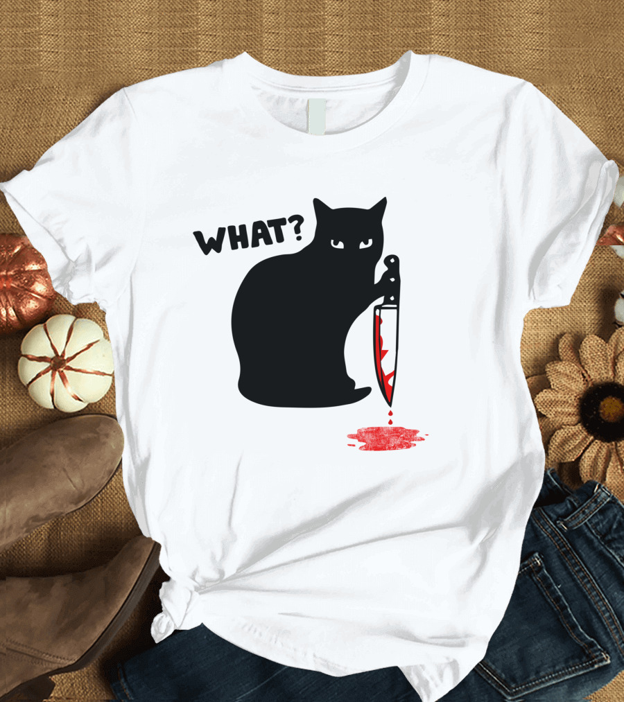 What? Black Cat with Knife and Blood T-Shirt