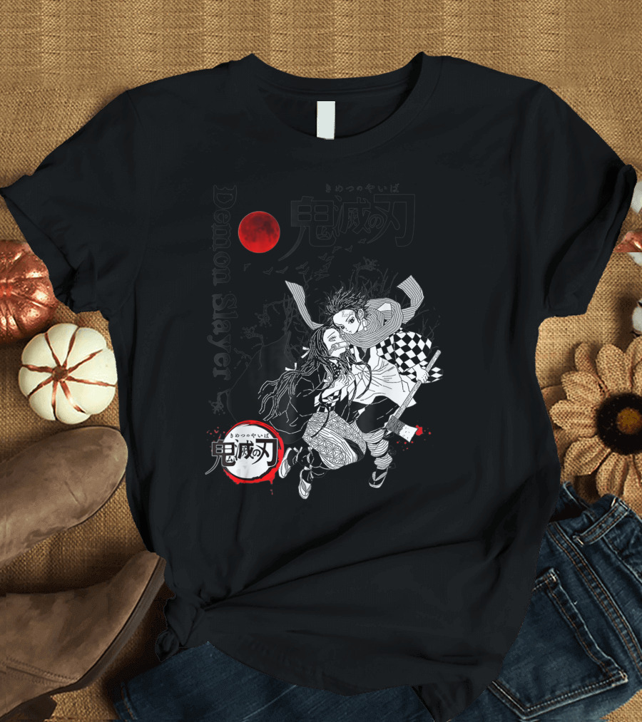 Demon Slayer Black and White Arts Anime with Red Moon T-Shirt