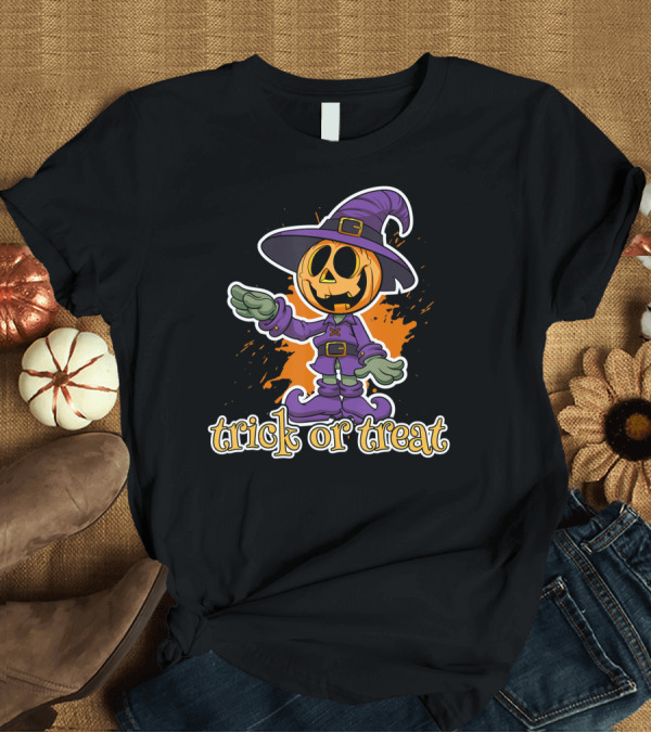 T-Shirt: Trick or Treat Funny Halloween Pumpkin in Witch Hat T-Shirt Trick or Treat Funny Halloween Pumpkin in Witch Hat T-Shirt