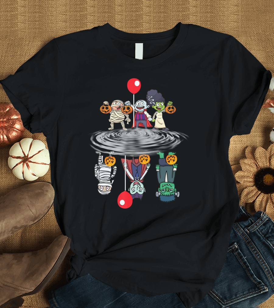 Halloween Horror Characters Reflection in Water with Red Balloons T-Shirt