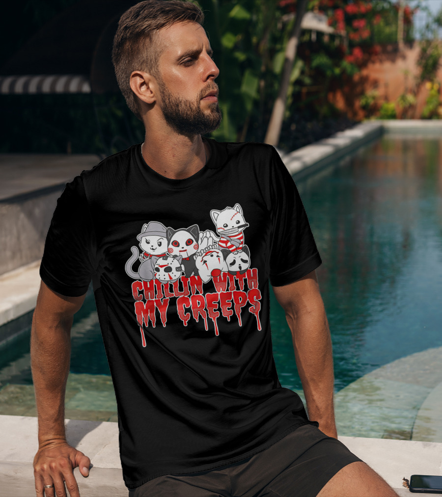 Chillin With My Creeps Halloween Cats In Costumes T-Shirt